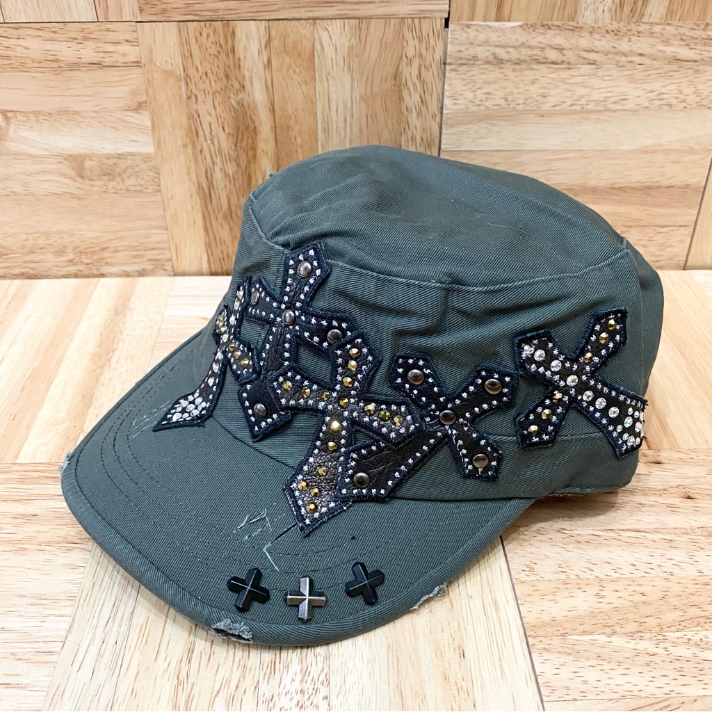 Nwt Dream Control Cadet Military Cap Style Olive Cross Patch Swarovski Hat L/Xl